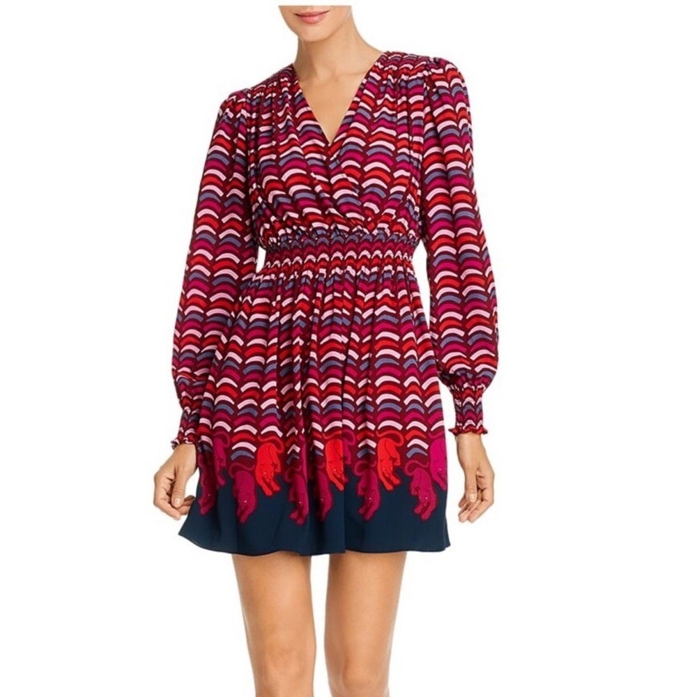 Kate Spade Panther Print Mini Dress Women Small Red Pink Smocked Waist‎ Romantic